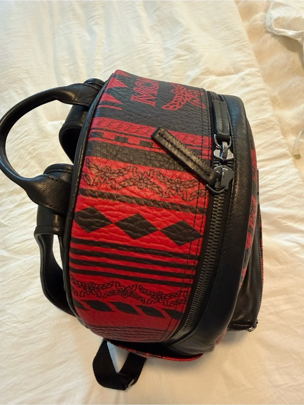MCM Red & Black Baroque Pattern Leather Backpack Medium